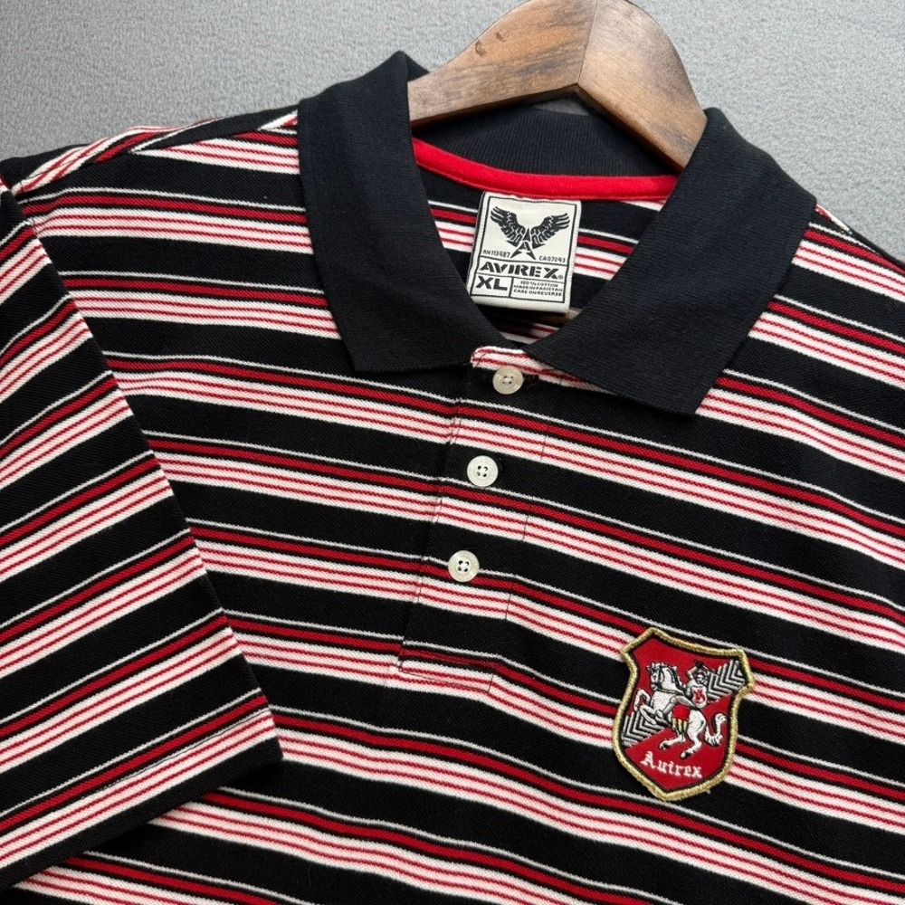 Vintage Avirex Polo Shirt Mens XL Black Red Striped Crest Patch Short Sleeve Y2K